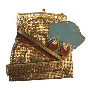 Whiting & Davis Gold Mesh Mini Purse With Comb & Earrings Set